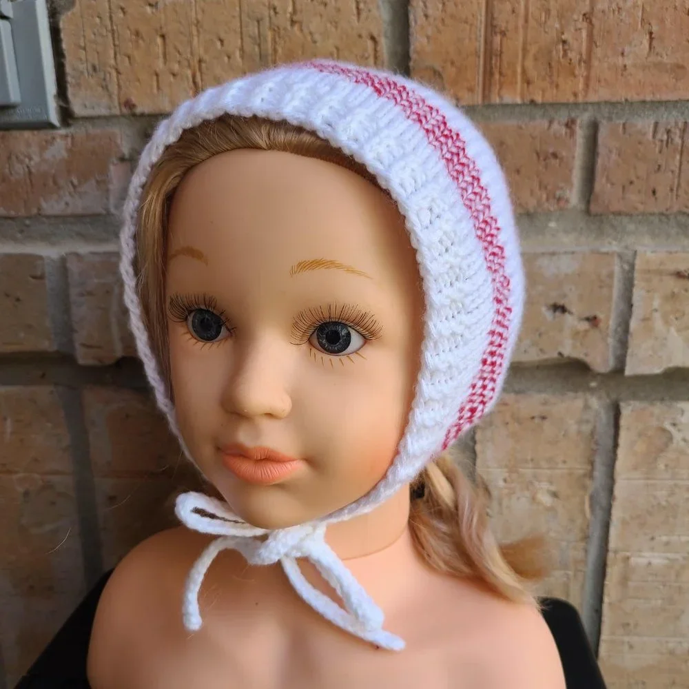 Baby Girl Knit Hat Bonnet White Red Front Tie Handmade Size 5-9 Months
